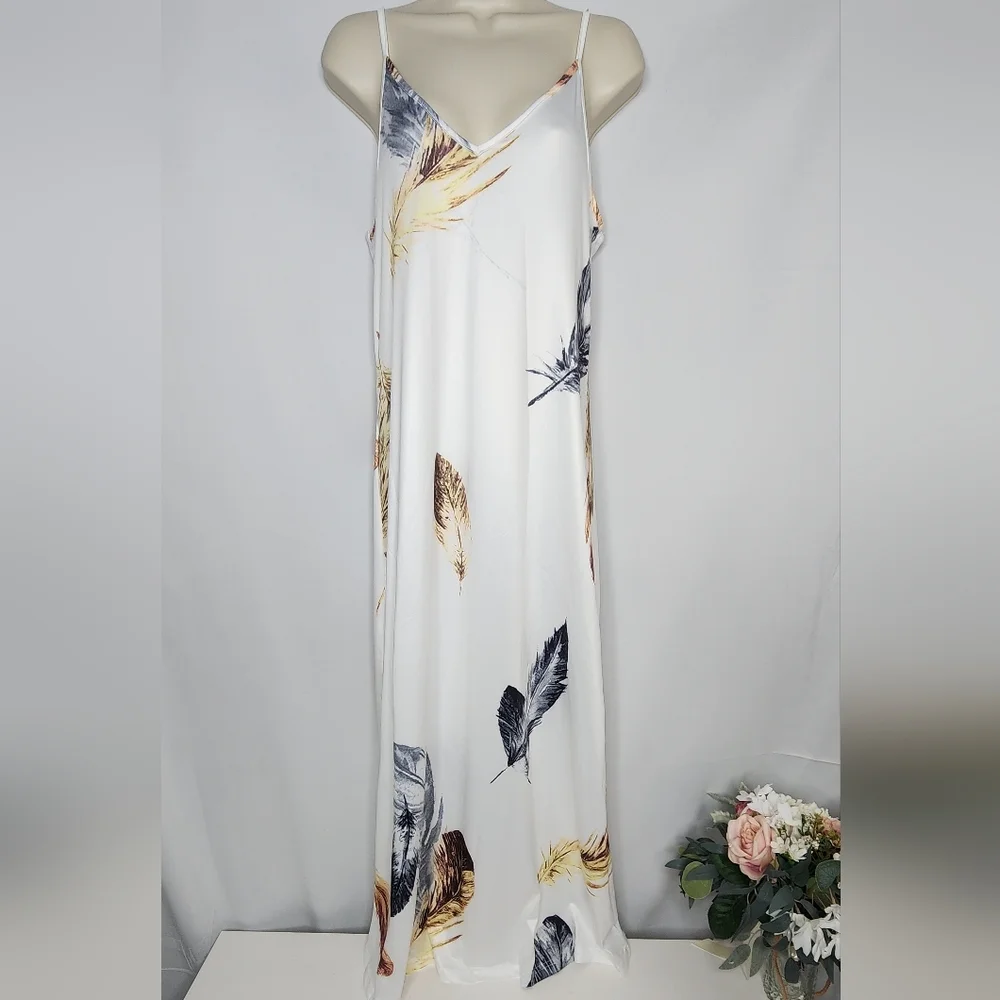 NEW‼️Elegant Feather Print Maxi Summer Dress M - Picture 5 of 10